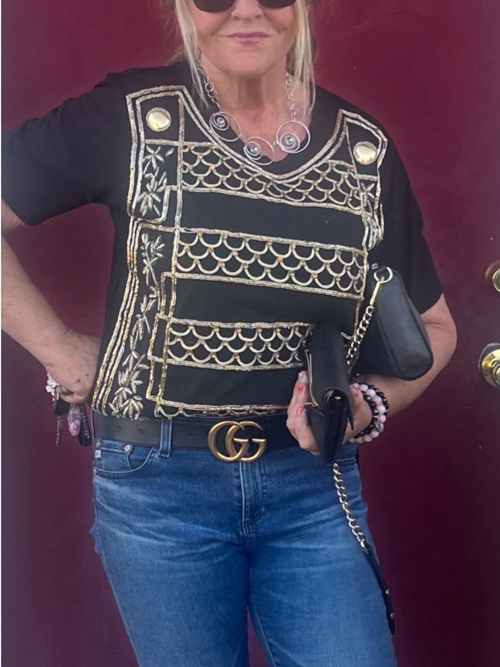 Balmain Black Top with Gold Embellished Detailing Gold Crystals size L to XL